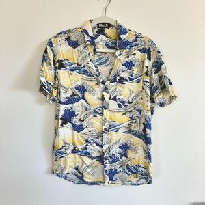 vintage japanese designer crane and wave printed button down / revere shirt